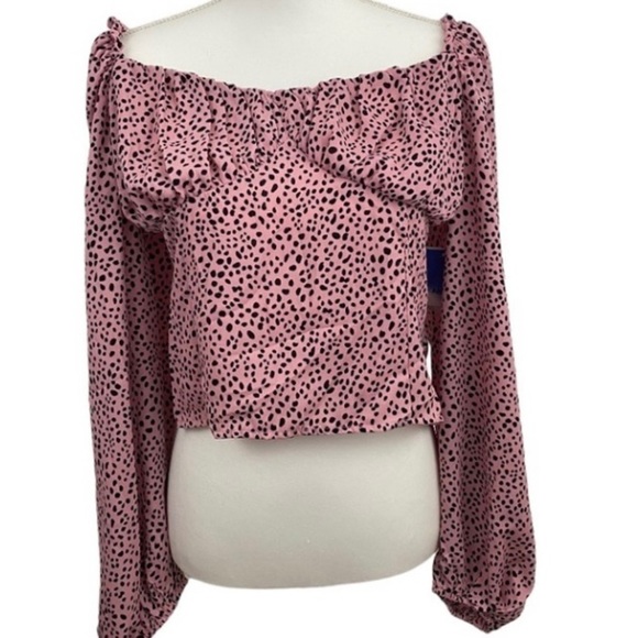abound Balloon Sleeve Ruffle Collar Top, pink polka dot crop NWT - Picture 1 of 6